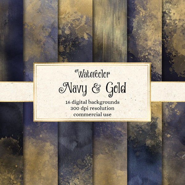 Watercolor Navy and Gold Backgrounds - watercolour paint textures for instant download commercial use