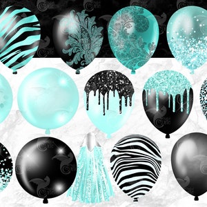 Puede incluir: Un conjunto de 12 im&aacute;genes digitales de clipart de globos en varios patrones y colores. Los globos son negros, blancos y turquesa con purpurina, lunares, rayas de cebra y estampados de leopardo.