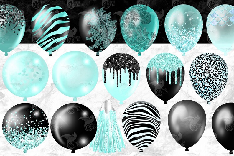 Puede incluir: Un conjunto de 12 im&aacute;genes digitales de clipart de globos en varios patrones y colores. Los globos son negros, blancos y turquesa con purpurina, lunares, rayas de cebra y estampados de leopardo.