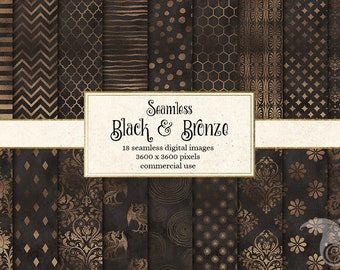 May include: A collection of 18 seamless digital images with black and bronze patterns. The patterns include stripes, chevrons, dots, and floral designs. The text on the image reads "Seamless Black & Bronze". The images are 3600 x 3600 pixels and for commercial use.