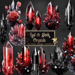 May include: A collection of red and black crystal illustrations. The crystals vary in shape and size, with some featuring rose accents. The image includes a rectangular sign that reads "Red & Black Crystals".