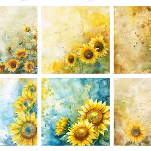 May include: A digital collage of six watercolor paintings featuring sunflowers in various arrangements. The backgrounds are a mix of yellow, blue, and brown with watercolor splatters.