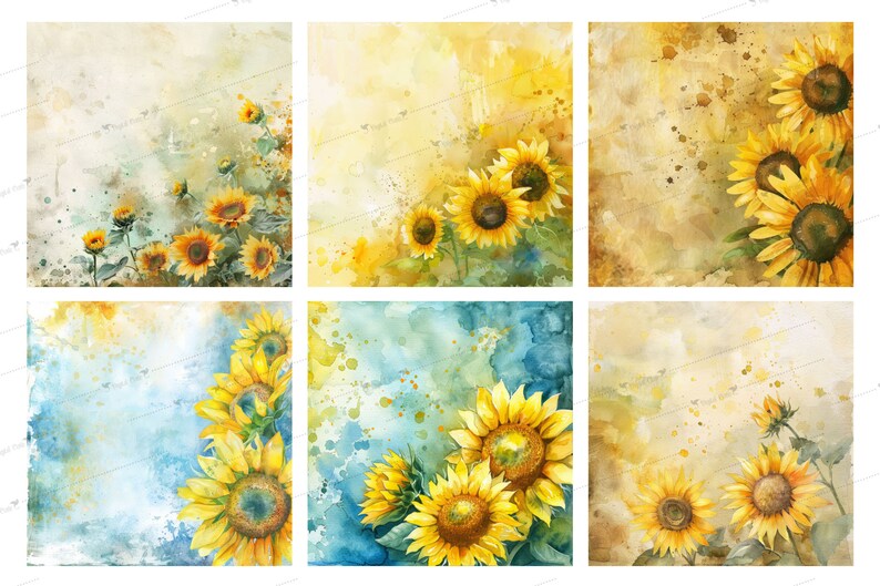 May include: A digital collage of six watercolor paintings featuring sunflowers in various arrangements. The backgrounds are a mix of yellow, blue, and brown with watercolor splatters.