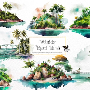 Aquarel Tropical Islands Clipart - oceaanzeegezicht en strandscène PNG-indeling direct downloaden voor commercieel gebruik