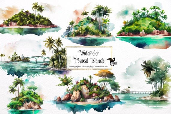 Watercolor Tropical Island Clipart – Beach Scene PNG, Commercial Use (Digital Download)
