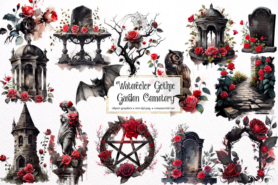 Watercolor Gothic Garden Cemetery Clipart Set 2 Vintage PNG - Etsy