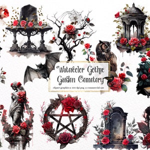 Aquarel Gothic Garden Cemetery Clipart Set 2 - vintage PNG-indeling direct downloaden voor commercieel gebruik