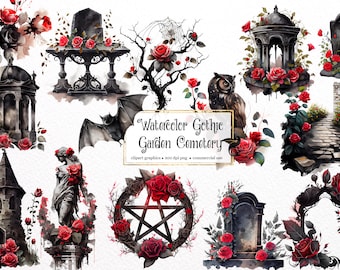 Watercolor Gothic Cemetery Clipart – Garden PNG Set (Commercial Use)