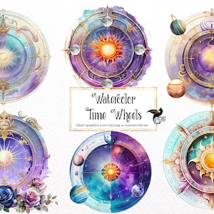 Puede incluir: Seis ilustraciones de acuarela de ruedas de tiempo celestiales con detalles dorados y planetas. Las ruedas presentan un sol, una luna y estrellas sobre un fondo morado y azul.