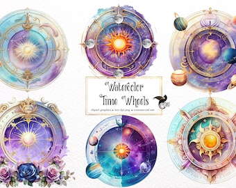 Watercolor Time Wheels Clipart - fantasy magic celestial watercolor PNG format instant download for commercial use