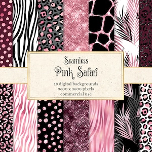 May include: A set of 18 digital seamless patterns featuring pink and black animal prints, including zebra, leopard, giraffe, and polka dots. The patterns are perfect for crafting, scrapbooking, and digital design projects.  Seamless Pink Safari - 18 digital backgrounds 3600 x 3600 pixels commercial use