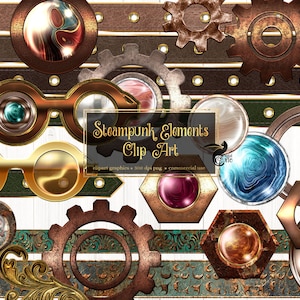 May include: A set of steampunk themed digital clip art featuring gears, cogs, goggles, and other intricate designs in shades of gold, brown, green, and blue. The text "Steampunk Elements Clip Art" is included in the image.