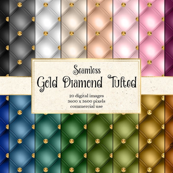Gold Diamond Tufted Digital Paper - Luxury Quilted backgrounds, upholstery scrapbook paper, printable quilting texture tufted background