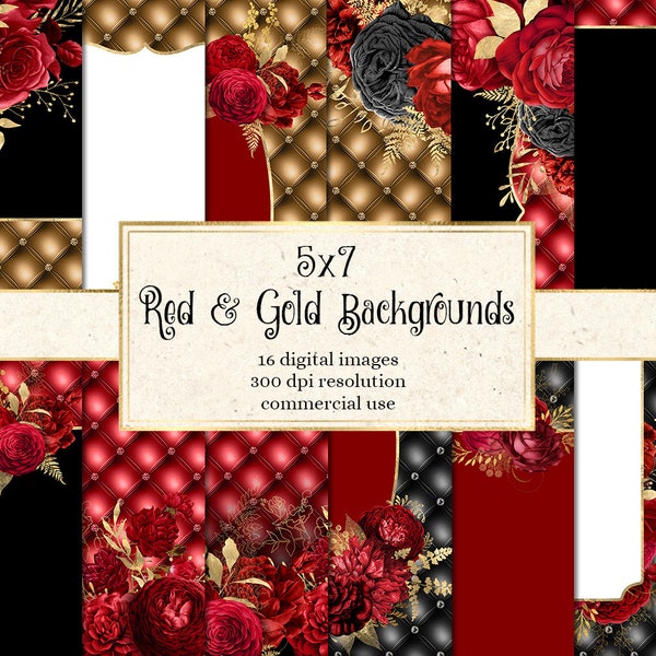 5x7 Red and Gold Floral Backgrounds, diamond luxury tufted digital paper, rose wedding invitation backgrounds, luxury textures