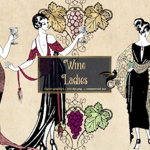 Wine Ladies Clipart, grafica clip art di vino francese con download istantaneo di donne della moda e uva da vino per uso commerciale