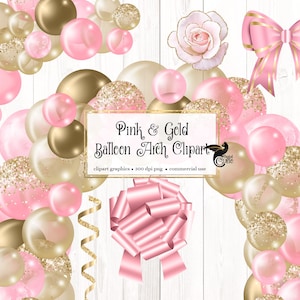 Rosa und Gold Ballon Bogen Clipart, Ballon png digitale Überlagerungen mit Bändern und Konfetti sofortiger Download kommerzielle Nutzung