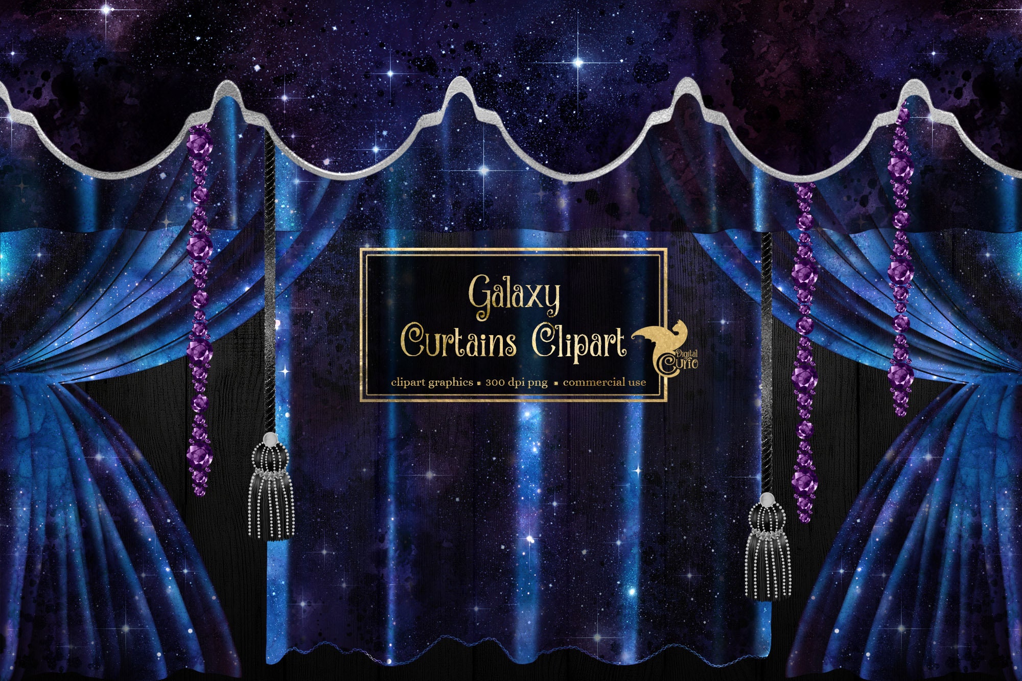 Galaxy Curtains Clipart, digital curtain backdrop clip art graphics, stage curtains, theater drapes, curtain png overlays