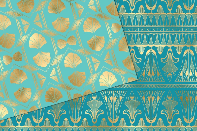 Turquoise and Gold Art Deco Digital Paper, Seamless Geometric Patterns ...