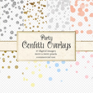 Party Confetti Overlays Clipart, Pastel et feuille d'or, cercles de paillettes argentées, clipart à pois, invitations de douche de bébé, mariages numériques