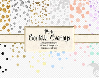 Party Confetti Overlays Clipart, Pastel and gold foil, silver glitter circles, polka dot clip art, baby shower invitations, digital weddings