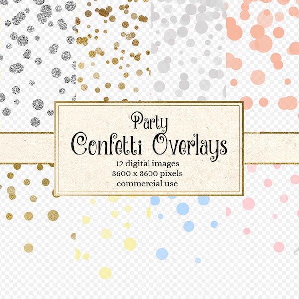 Party Confetti Overlays Clipart, Pastel and gold foil, silver glitter circles, polka dot clip art, baby shower invitations, digital weddings