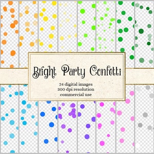Bright Party Confetti Overlays Clipart, imágenes prediseñadas de lunares, confeti de arco iris, fiesta de cumpleaños, invitaciones de baby shower, bodas digitales