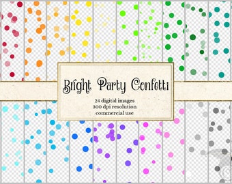 Bright Party Confetti Overlays Clipart, polka dot clip art, rainbow confetti, birthday party, baby shower invitations, digital weddings