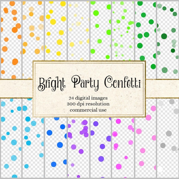 Bright Party Confetti Overlays Clipart, polka dot clip art, rainbow confetti, birthday party, baby shower invitations, digital weddings