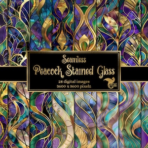 May include: Seamless digital paper pack featuring 28 peacock stained glass patterns in shades of purple, blue, green, and gold. Each pattern is 3600 x 3600 pixels.