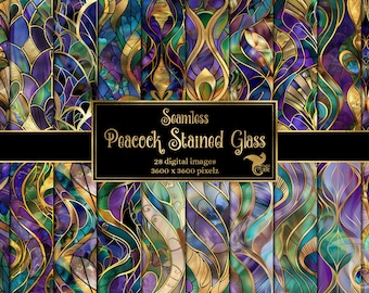 Peacock Stained Glass Digital Paper, Seamless Textures (Digital Download)