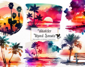 Watercolor Tropical Sunset Clipart, Beach Palm Trees (Digital Download)