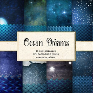 Ocean Dreams digital paper backgrounds, fantasy night sky scrapbook paper, nautical sea, mermaids, starry sky, night sky papers, moon, stars image 1