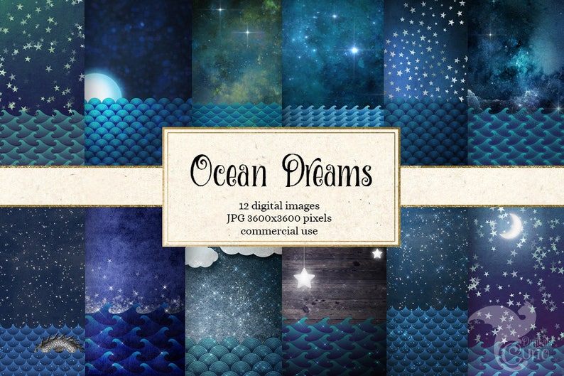 Ocean Dreams digital paper backgrounds, fantasy night sky scrapbook paper, nautical sea, mermaids, starry sky, night sky papers, moon, stars image 1