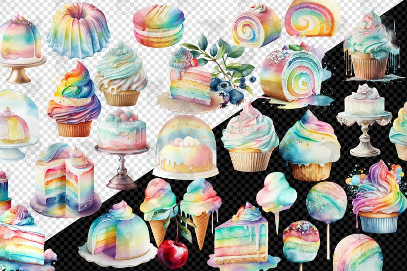 May include: A collection of rainbow-colored cakes, cupcakes, and other desserts. The desserts are decorated with sprinkles, frosting, and other colorful details.