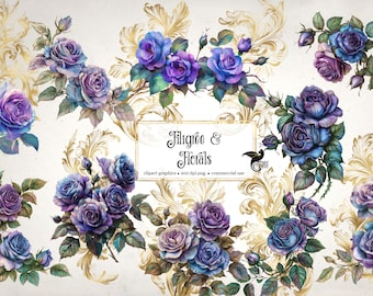 May include: Watercolor floral graphics featuring blue and purple roses with green leaves. The design includes ornate gold filigree and the text "Filigree & Florals". The graphics are labeled as clipart.