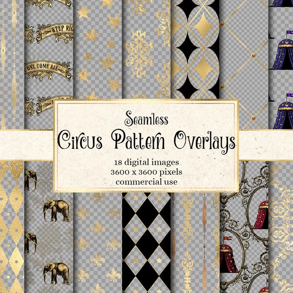 Circus Pattern Overlays, seamless circus patterns clip art grunge distressed vintage gold carnival patterns