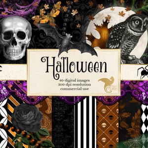 Halloween Digital Scrapbooking Kit, clipart, digitaal papier, vleermuizen, frames, spinnen, schedel, parels, kant, diamanten, damast digitale overlays