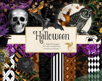 Halloween Scrapbook Kit, Digital Paper Clipart, Bats, Skulls (Digital Download)