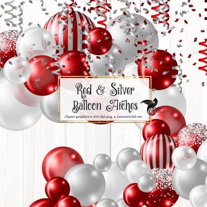 Red and Silver Balloon Arch Clipart, balloon png digital overlays with ribbons and confetti instant download commercial use
