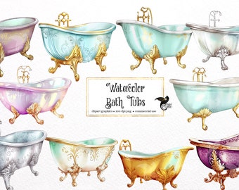 Clipart de baignoires Antique aquarelle - vintage shabby griffe pied baignoire PNG format téléchargement immédiat pour un usage commercial