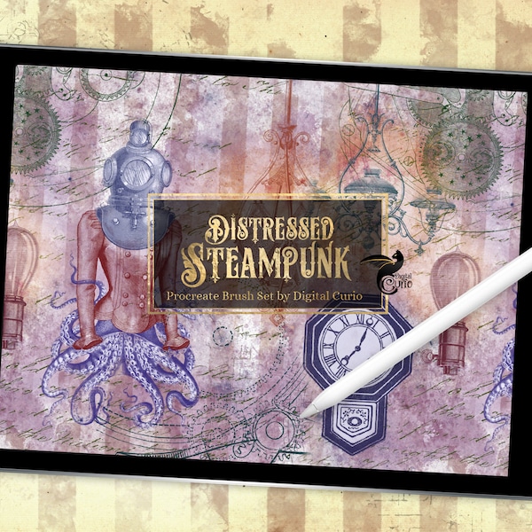 Procreate Distressed Steampunk Brush Set - 64 stamps, textures, blueprints, and dynamic brushes of old handwriting and paper ephemera