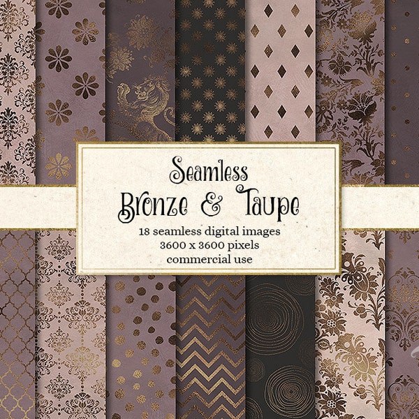 Bronze and Taupe Digital Paper, brown and copper bronze seamless patterns, bronze foil printable scrapbook paper, copper backgrounds