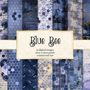 Blue Bee Digital Paper - vintage honingbij efemere achtergronden afdrukbaar plakboekpapier voor commercieel gebruik