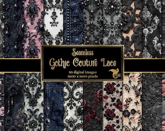 Cyfrowy papier z koronką gotycką haute couture, bezszwowe wzory (pobieranie cyfrowe)