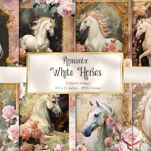 Romántico White Horse Journal Paper, cuaderno de papel digital páginas de diario basura rococó imprimibles 8.5x11 pulgadas A4 papel descarga instantánea