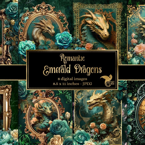 Romantic Emerald Dragons Journal Paper, notebook digital paper rococo fantasy junk journal pages printable 8.5x11 paper instant download