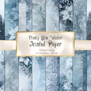 May include: Digital journal paper with a dusty blue winter theme. The image features a collage of vertical panels with wintery designs, including snowflakes, pine trees, and poinsettias. The text on the image reads "Dusty Blue Winter Journal Paper" with details about the number of images and dimensions.