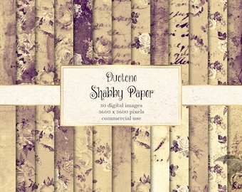 May include: A set of 30 digital paper designs featuring a vintage aesthetic with floral patterns, handwritten text, and a faded, textured background. The papers are 3600 x 3600 pixels and are for commercial use.