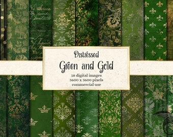 Distressed Green and Gold digital paper, gold foil patterns, vintage damask grunge textures, printable scrapbook paper, green download