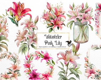 Watercolor Pink Lily Clipart - lilies in PNG format instant download for commercial use